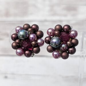 Vintage Clip On Earrings Statement Pink Purple Tones Large Cluster Earrings 1"